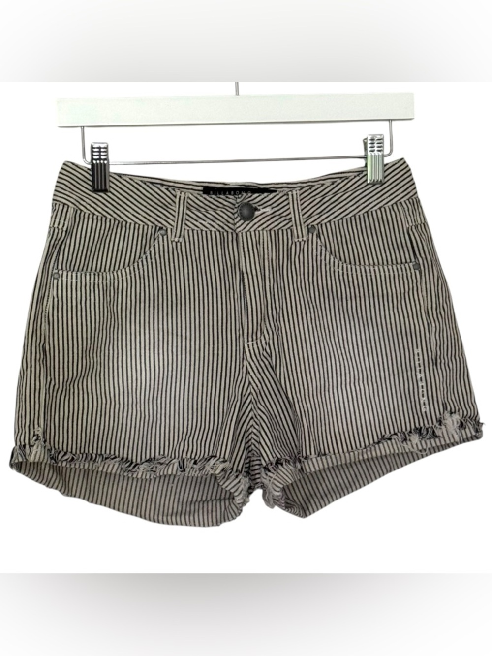 Billabong Black and White Pinstripe Frayed Hem Jean Shorts Size 10 Summer Surf